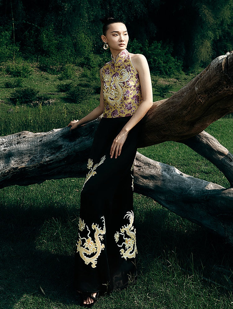 HECO Chinese Retro Style Embroidery Golden Dragon Stand-up Collar Vest Top  - QANT.