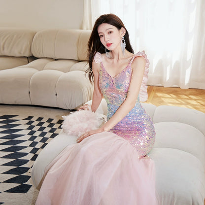 DOLLY Luxury Gradient Deep V-Neck Sleeveless Sequin Long Backless Party Dress-IVETTE