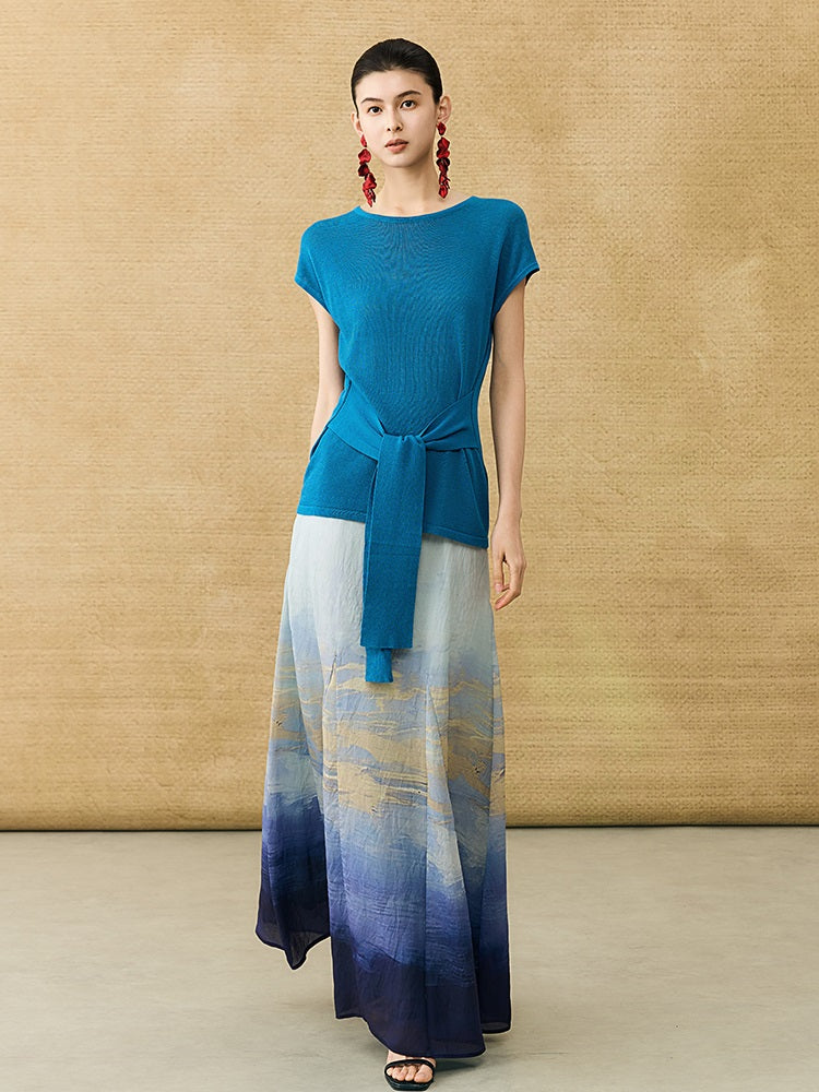 HECO Chinese Slimming Waist Linen Knit Breathable Crew Neck T-Shirt - INDIGO.