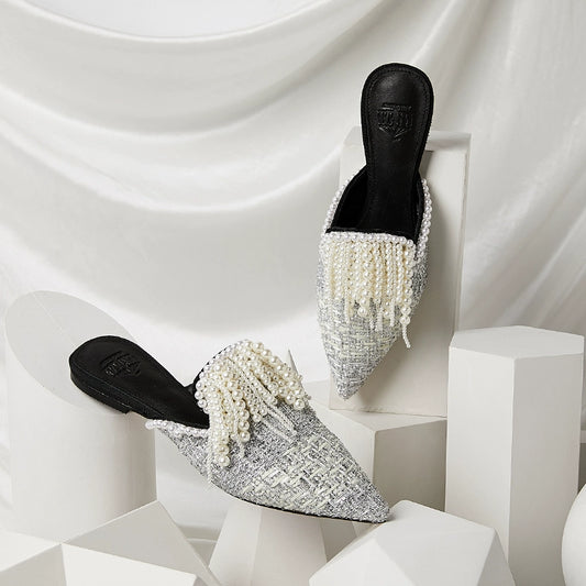 B-FEI Woven Fabric Tassel Pointed Toe Mules-JACK.