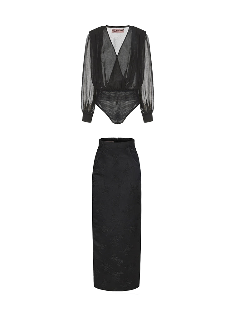 Le Palais Vintage Luxury Black Deep V-Neck Mesh Long Sleeve Top + Long Skirt-LING.