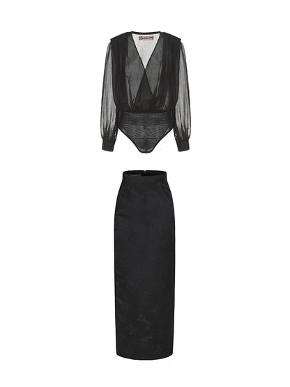 Le Palais Vintage Luxury Black Deep V-Neck Mesh Long Sleeve Top + Long Skirt-LING.