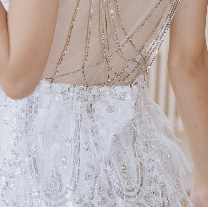 DOLLY Luxury White French Style Sleeveless Sequin Embroidered Long Slit Party Dress-Dalia