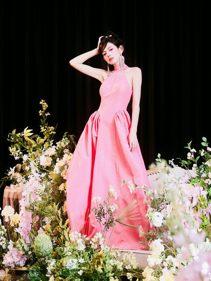 DOLLY Elegant Pink Halter Neck Sleeveless Long Loose A-Line Evening Dress-AMELIA