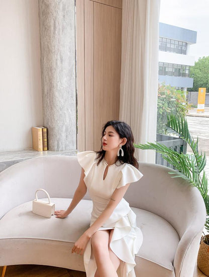 DOLLY Luxury V-Neck Short Sleeve High waist Slim Fit Irregular Hem Date Dress-LISA