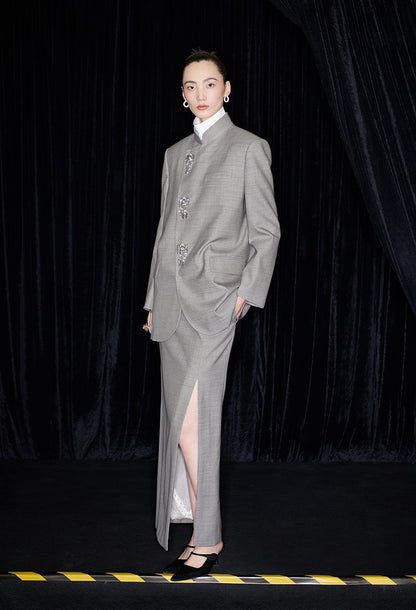 M essential Mackay designer raw linen skinny wool crystal lamp tassel bead suit - CHEN.