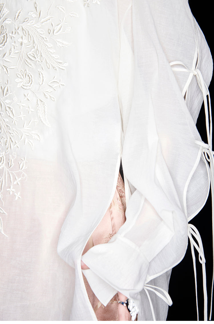 M essential Mackay designer soft-paper pale overshirt with pavement embroidery - serious.