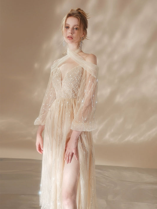 Wardrobes by Chen Elegant halter-Neck Puff Sleeve Pearl Dress- Aida