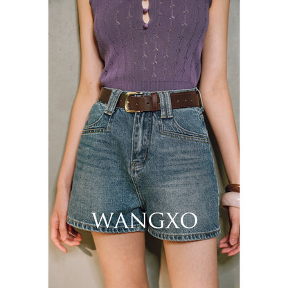 WANGXO |Micro A-Line High-Waisted Lightweight Denim Shorts with Vintage Finish -ZINA