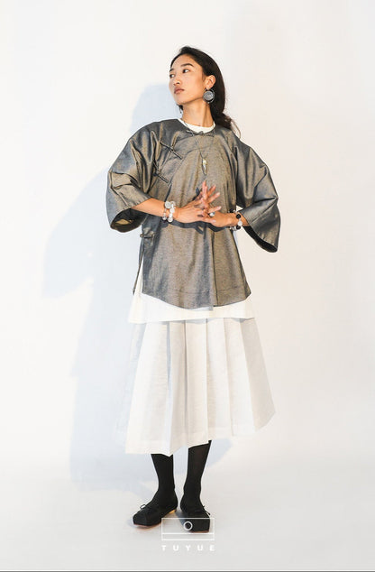 TUYUE Horse Face White Linen Pleated Mid-Length Skirt - FELIX.
