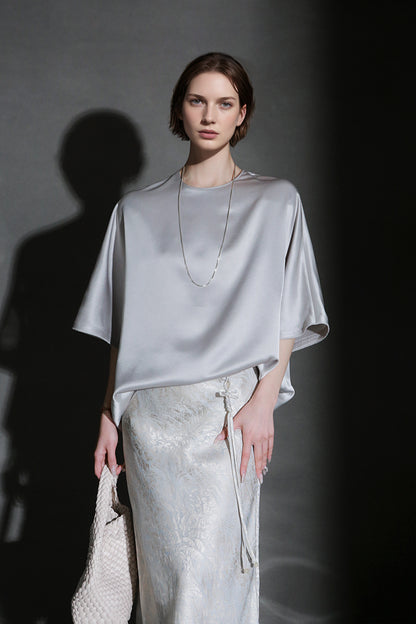 PIAOIN light luxury acetate satin glossy mid sleeve body shirt - CHARLOTTE