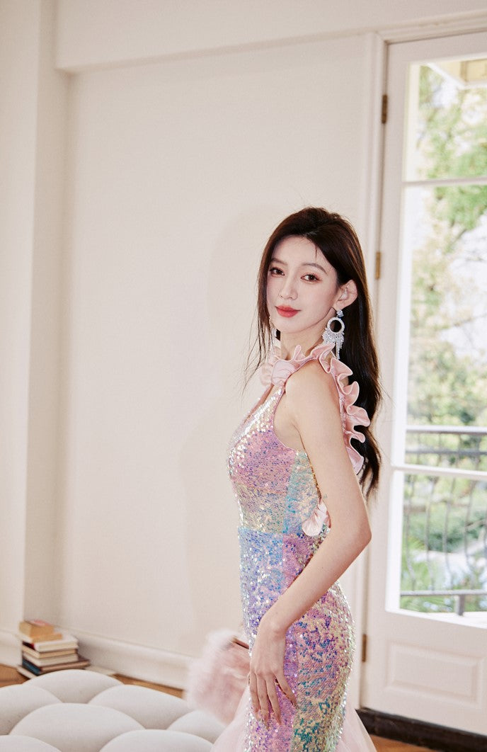 DOLLY Luxury Gradient Deep V-Neck Sleeveless Sequin Long Backless Party Dress-IVETTE