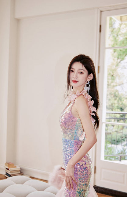 DOLLY Luxury Gradient Deep V-Neck Sleeveless Sequin Long Backless Party Dress-IVETTE