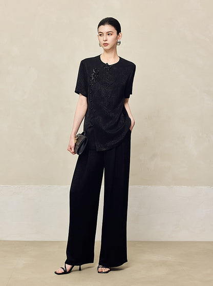 HECO Jacquard Drapy Wide-leg High Waist Casual Black White Pants - COMMAND.