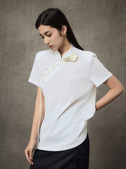 HECO Summer Handmade Orchid Winding Mandarin Neckline Short Sleeve Top - FLIGHT.