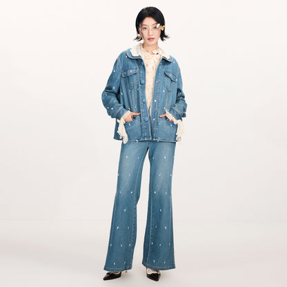 FAME Contrasting Beaded Flower Embroidered Denim Flared Pants - BILLIE.