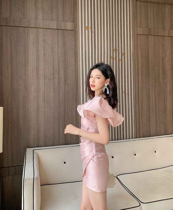 DOLLY Elegant V-Neck Short Flying Sleeve Hip Wrap Short Dinner Date Dress-KELA