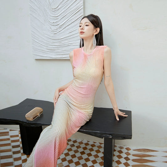 DOLLY High End Crew Neck Sleeveless Pink Gradient See Through Dress-KILA  (V)