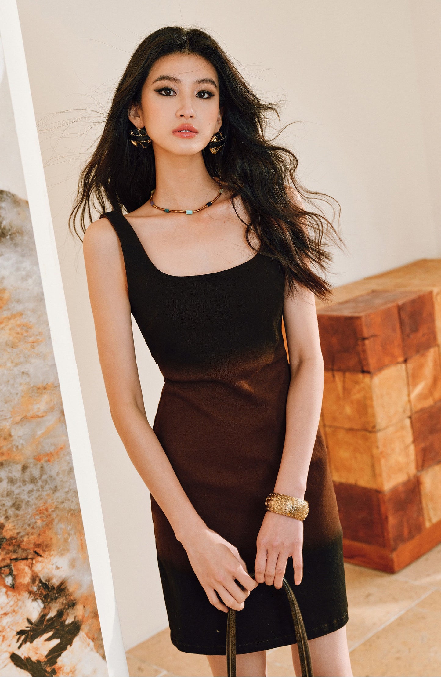 WANGXO |Long-Staple Cotton Neckline and Waist-Cinched Cropped Denim Dress -LANA