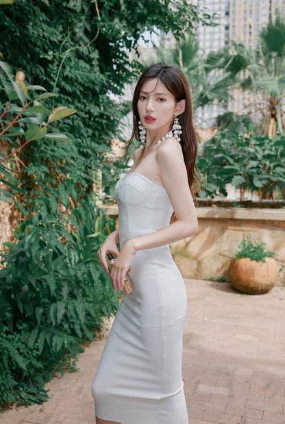 DOLLY Luxury White Simple Off Shoulder Tube Top Slim Fit Hip Hug Banquet Dress-BORA