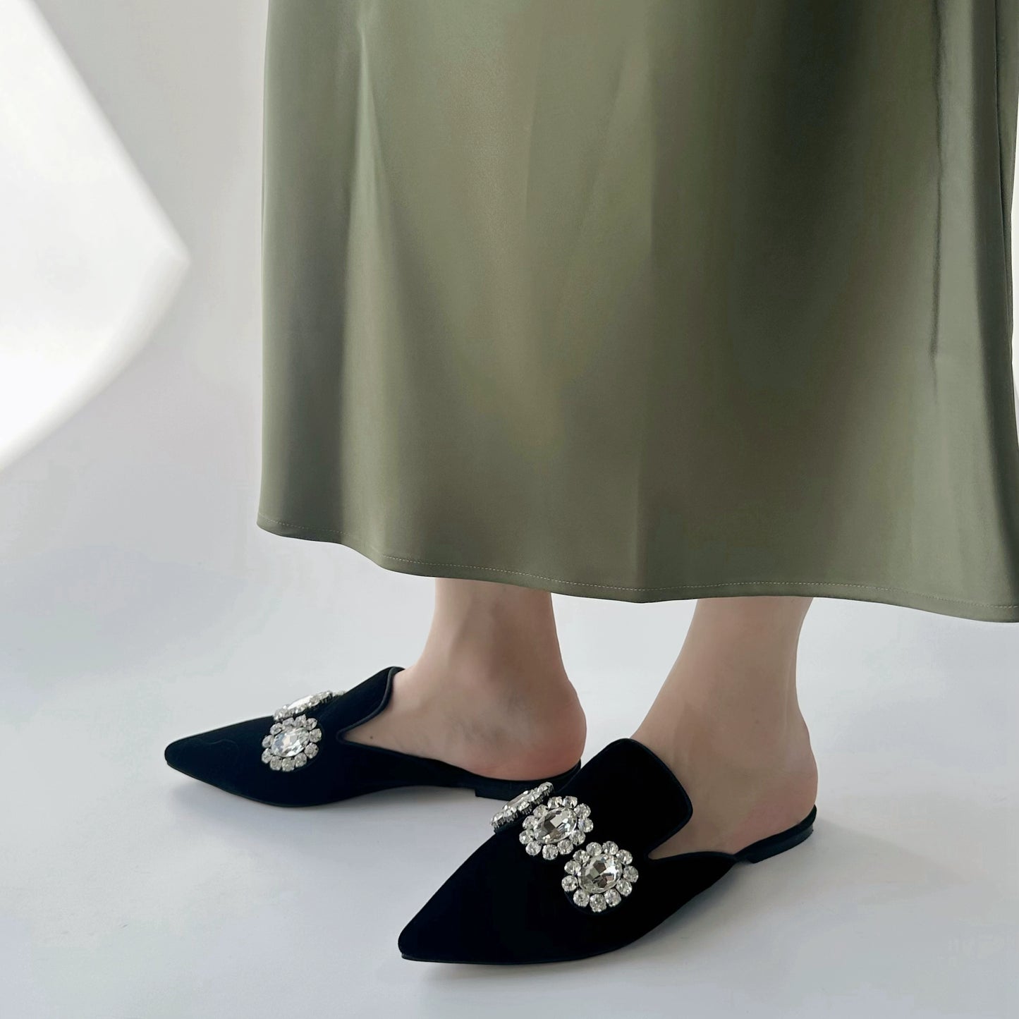 B-FEI custom pointed rhinestone flat mules.