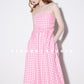 High-end Pink plaid checkered strapless Cotton Bandeau Swing full Dress - Tiila