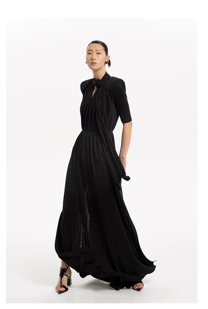 High-end elegant Summer French Pleated flowy maxi long wedding Knit Dress - KCae M / Black High-end elegant Summer French Pleated flowy maxi long wedding Knit Dress - KCae M / Black