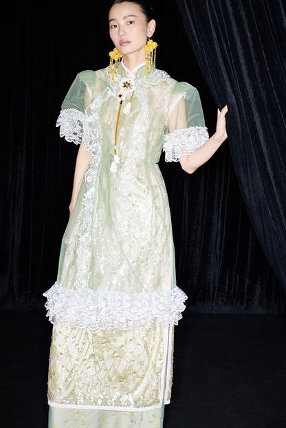 M essential Mackay designer Ear Mesh lace welt stand-up collar dress - DOUNT.