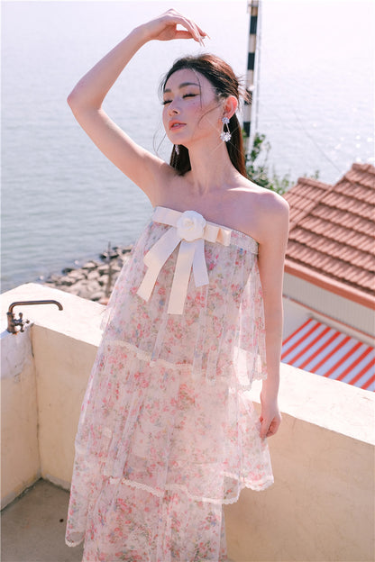 Wardrobes by Chen Luxury Floral Tube bow Maxi Summer Dress-Marilyn