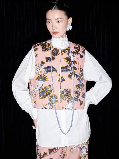 M essential Mackay designer blue velvet atelier beaded down vest - Nami.