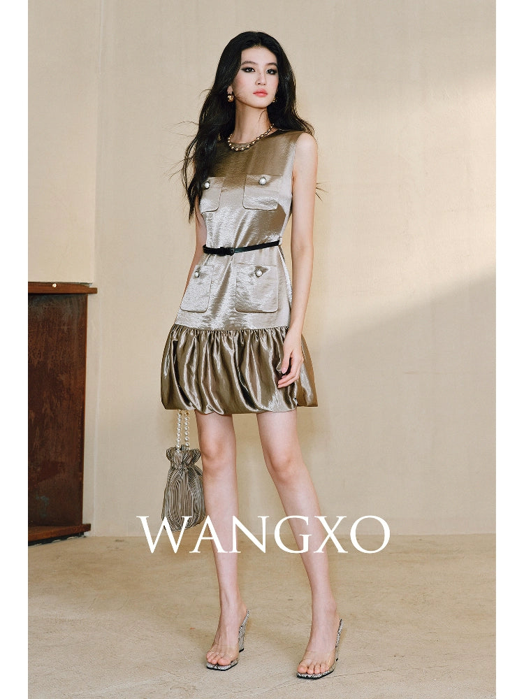WANGXO Satin Gilt Pleated Flower Bud Hem Round Neck Sleeveless Waist Dress - CERYS