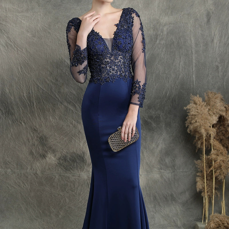 DOLLY Elegant Deep V-Neck Long Sleeve High Waist Long Embroidery Dress-KATYA M / Dark Blue DOLLY Elegant Deep V-Neck Long Sleeve High Waist Long Embroidery Dress-KATYA M / Dark Blue
