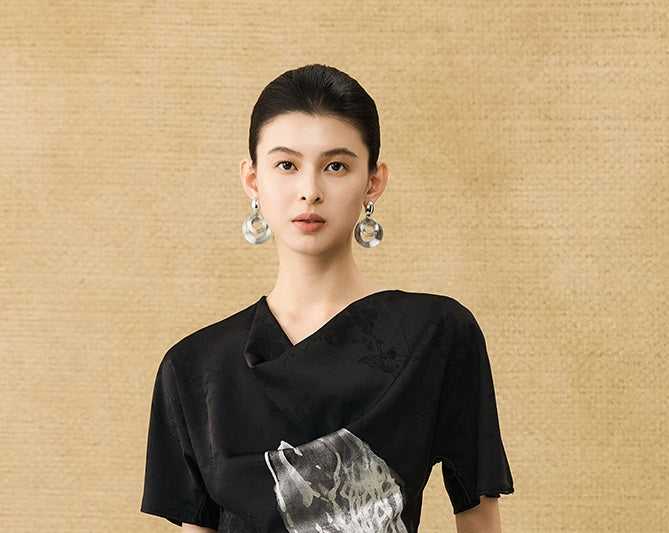 HECO Chinese Art Butterfly Print Swing Neck T-Shirt Waist Slim Top - CONJOR .