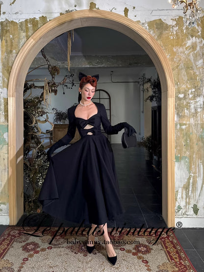 Le Palais Vintage Elegant Retro Long Sleeves Plain Mid Skirt Black  Long Cocktail Hem Dress-Aurora