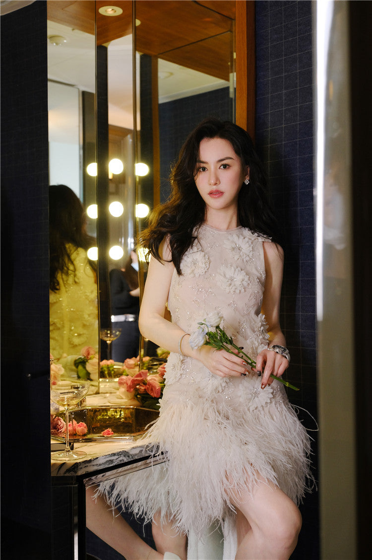 Wardrobes by Chen Luxury White Couture Embroidered Floral Feather bridal Dress- Sade