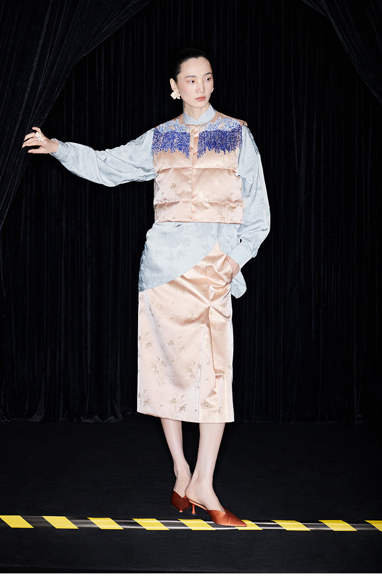 M essential Mackay designer seawater river cliff tassel beaded vest shirt skirt set- six.