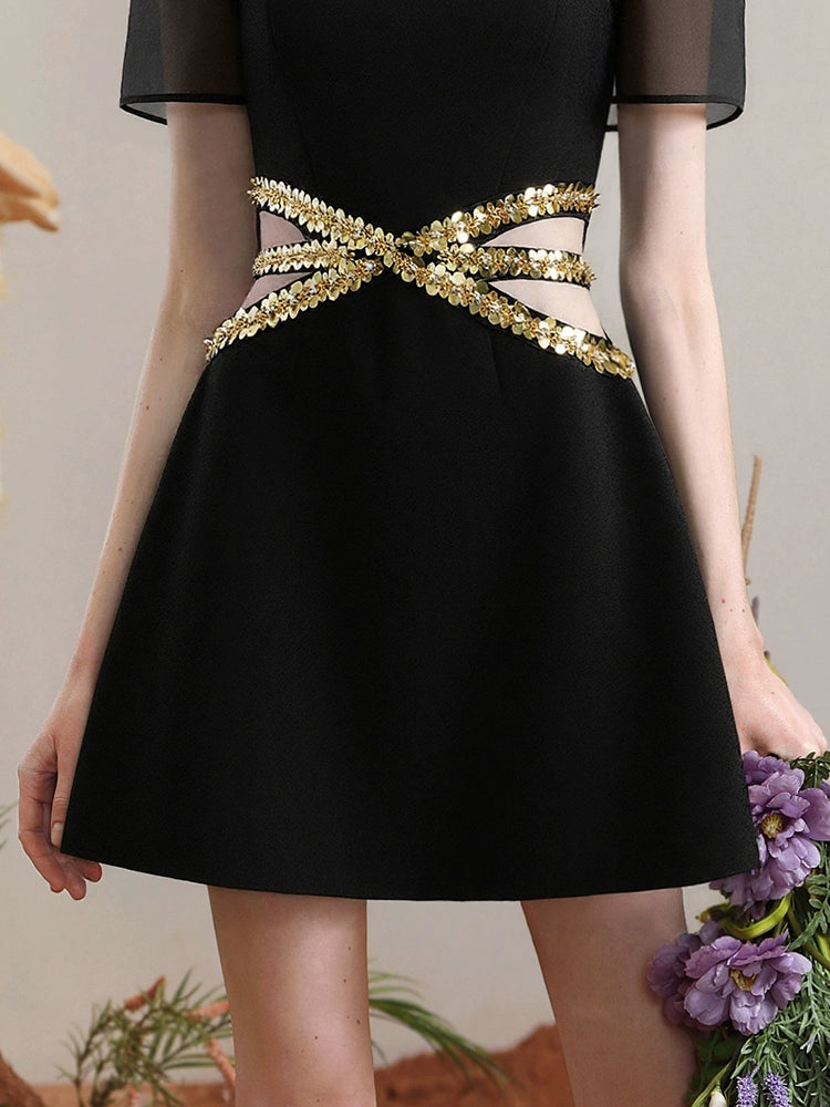 CHECOCRE summer new gold sequencil hollow design thin little black dress - NIDE.