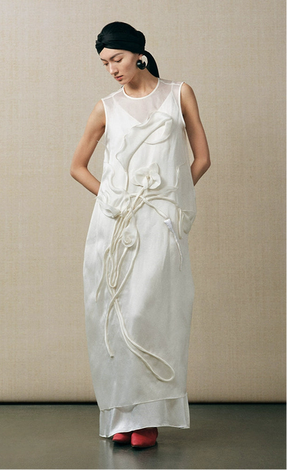 ZHUCHONGYUN white crewneck sleeveless satin dress-AIZEN.