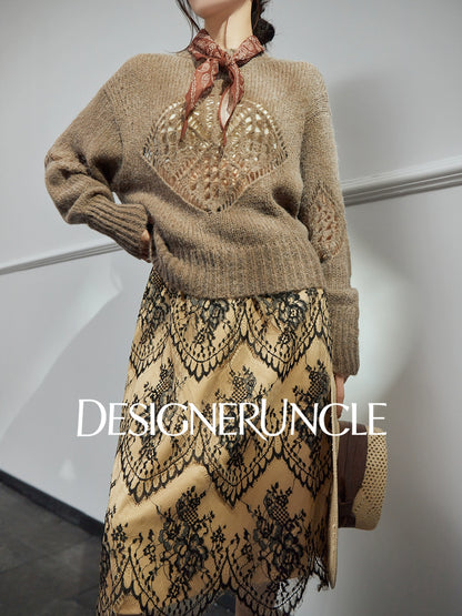 DGU| Light brown light luxury hollow design fashionable comfortable knitwear - Brianna.
