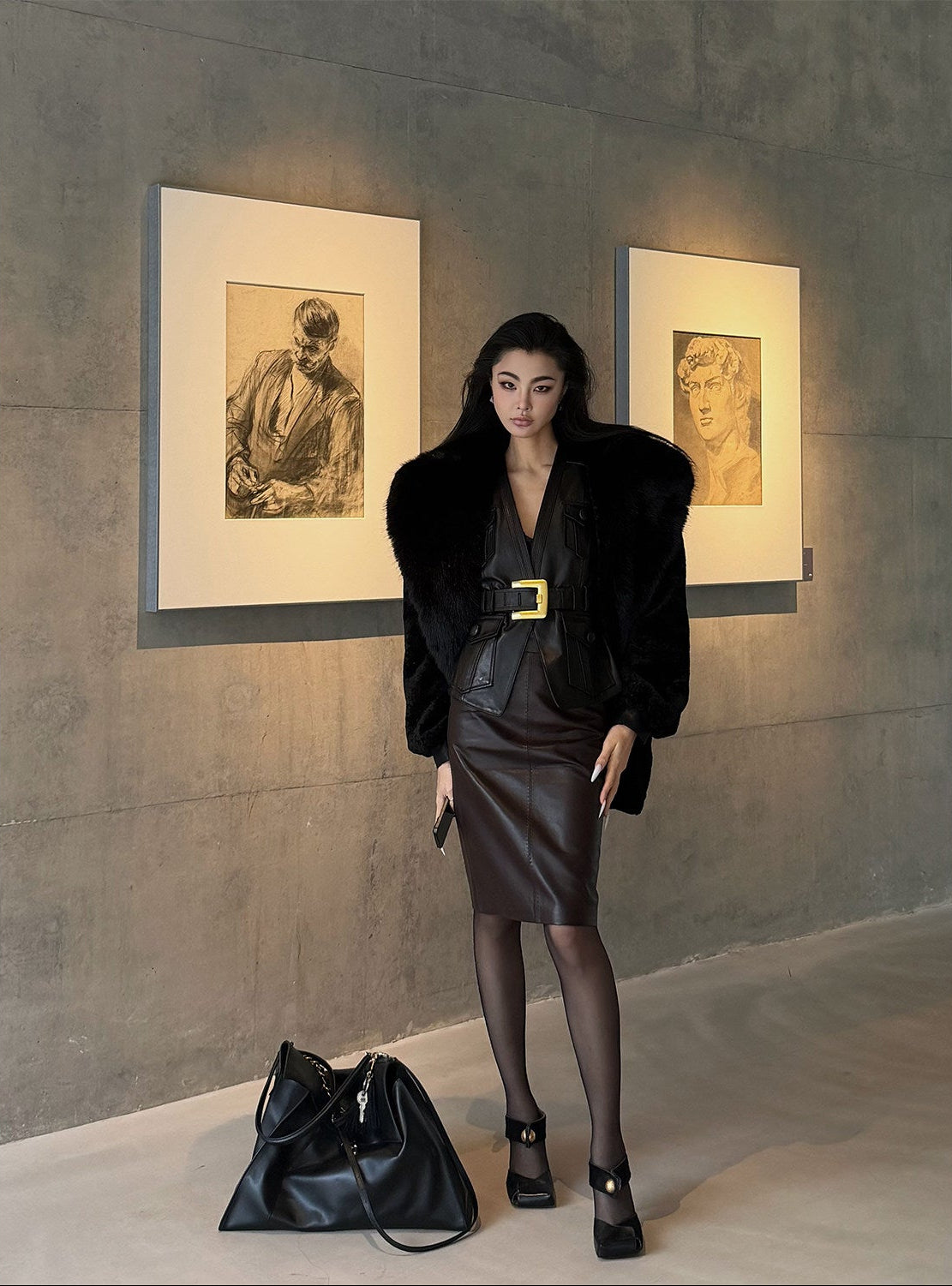 MEI SANGUAN black fur collar cocoon-type mid-length jacket - ADRIAN