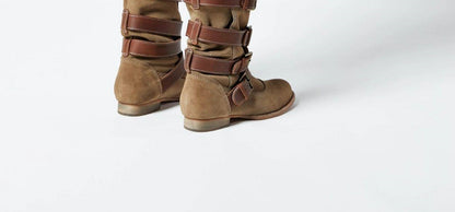 B-FEI Vintage Belt Buckle Denim Stack Boots- OKRE.