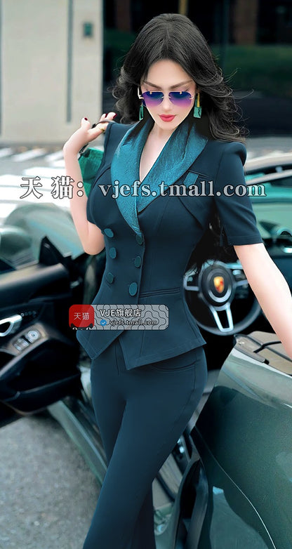 VJE  Double-Breasted Jacket Flared Pants Two-Piece Set - UNIC.