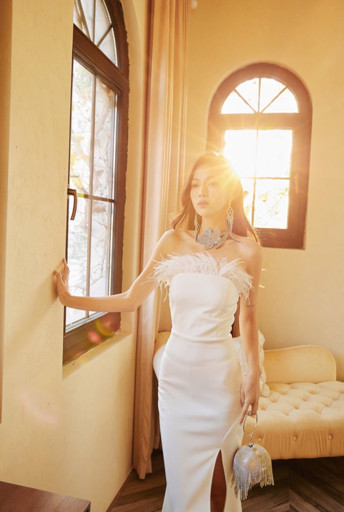 DOLLY Elegant Off Shoulder Feather Tube Top Long Slit Banquet Dress-GALE