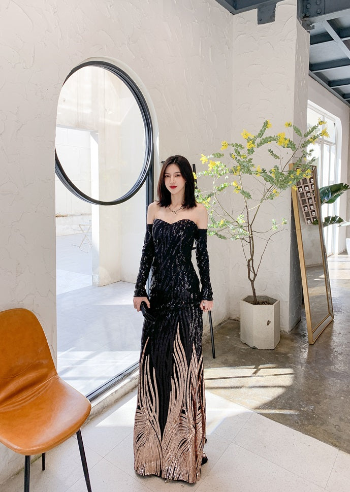 DOLLY High End Black Gold Chest Wrap Long Sleeve Off Shoulder Long Banquet Dress-KANTE