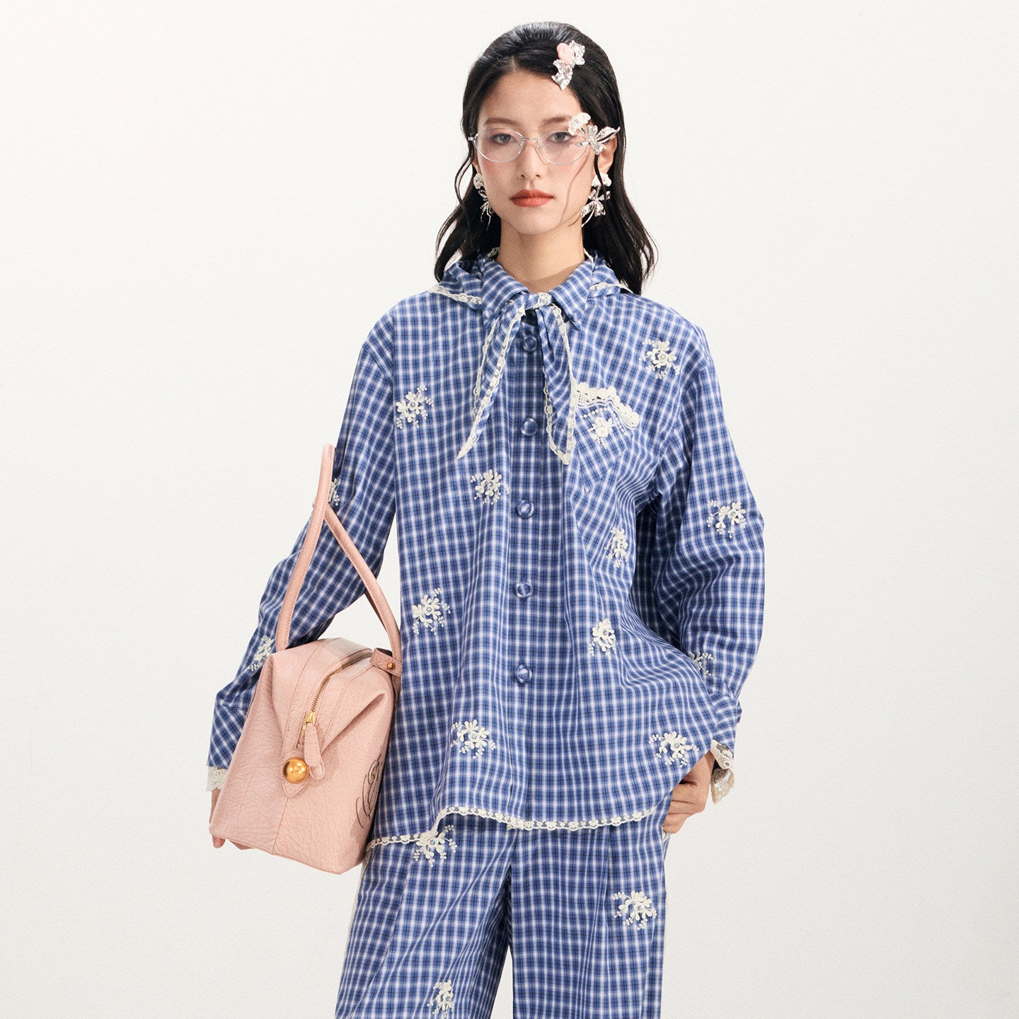 FAME loose plaid beaded long-sleeved shirt- FELIX