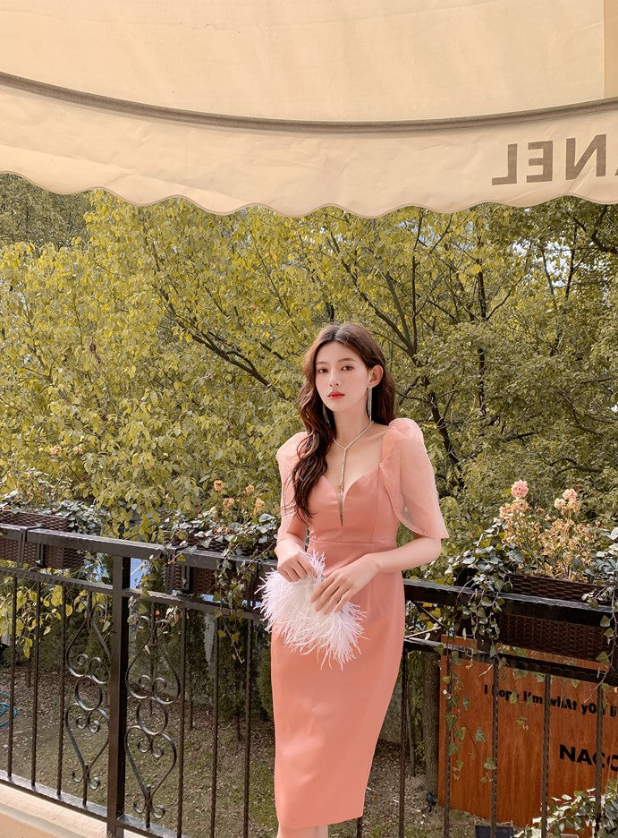 DOLLY Elegant V-Neck Short Mesh Puff Sleeve High Waist Midi Luncheon Dress-CHILE