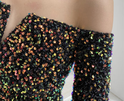 DOLLY High End Sequin Off Shoulder Long Sleeve Slim Fit Long Fish Tail Evening Dress-KASSIE