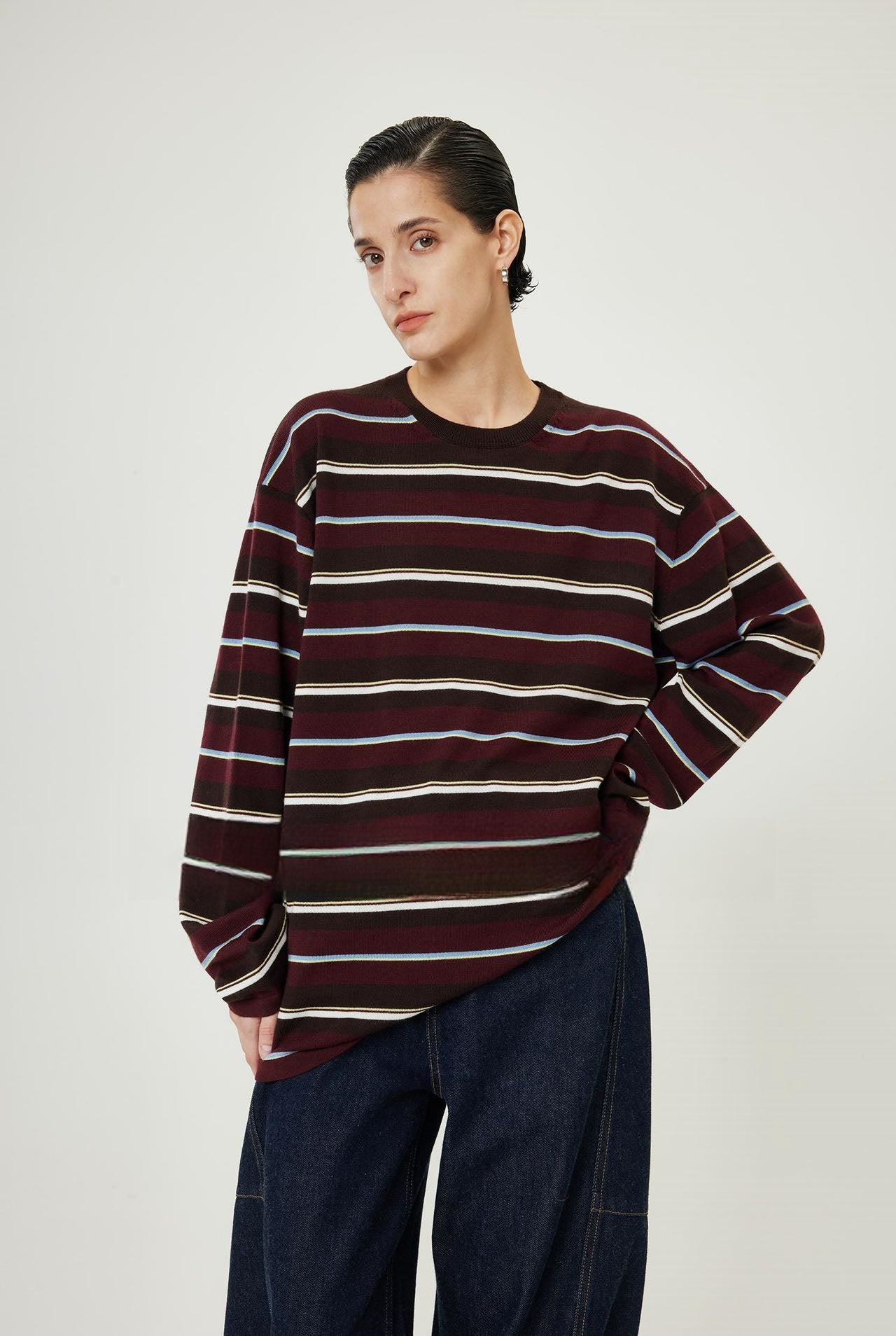 PIAOIN stripe design neutral loose long sleeve T-shirt silk wool knitwear spring-CIX
