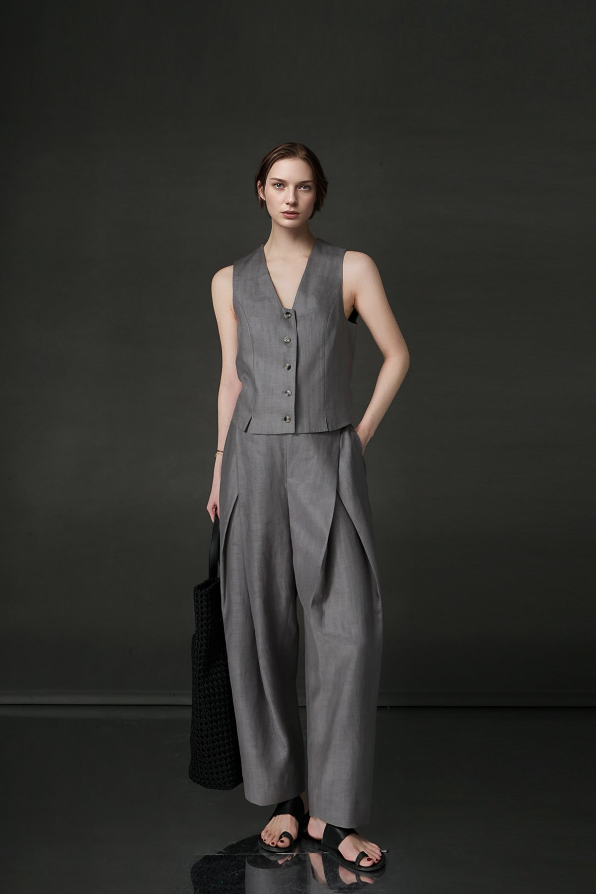 PIAOIN designer haute couture cross pleated niche Tencel linen wide leg straight pants -ALICE