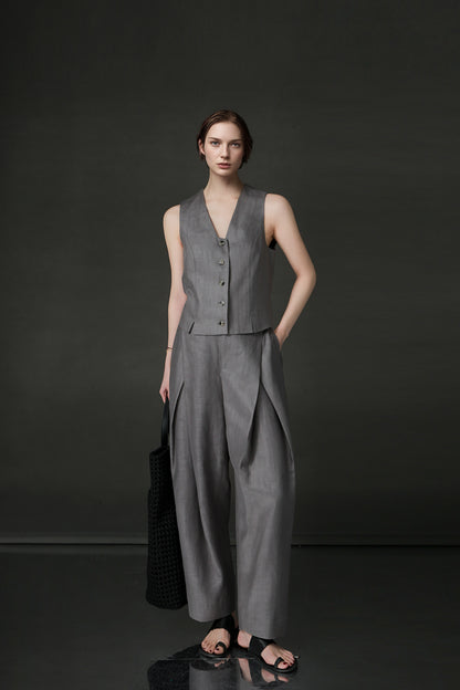 PIAOIN designer haute couture cross pleated niche Tencel linen wide leg straight pants -ALICE